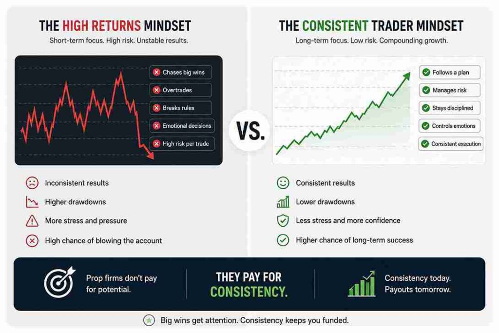 Prop firm consistency compared with chasing high returns in funded trading