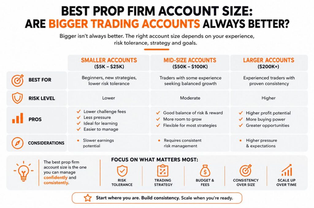 comparison of the best prop firm account size based on trading goals and risk tolerance