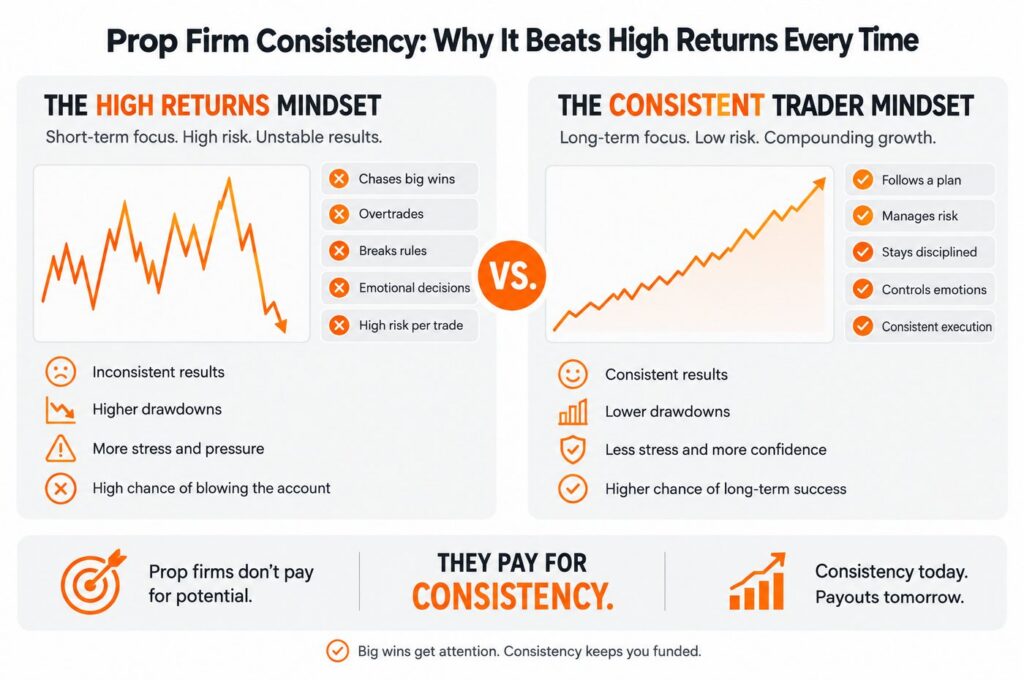 Prop firm consistency compared with chasing high returns in funded trading