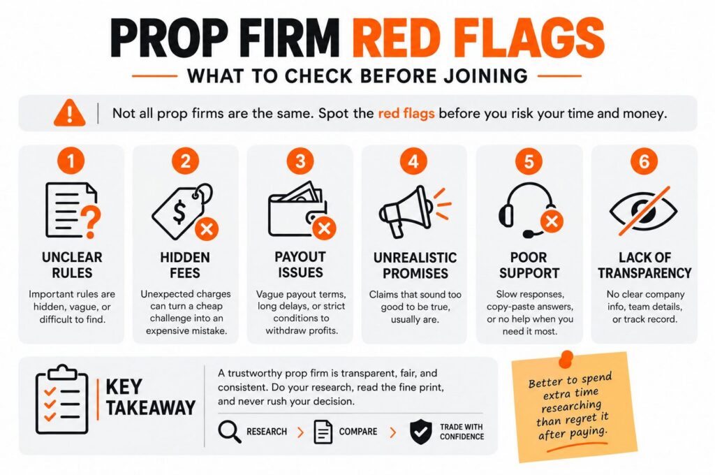 prop firm red flags involving rules fees and payouts