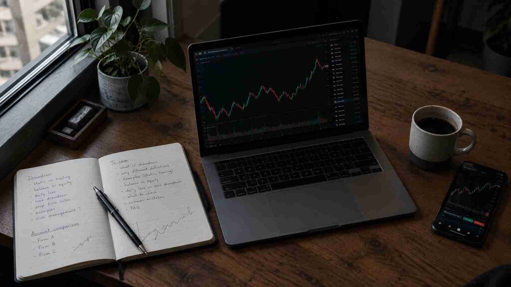 Prop firm drawdown definitions compared using trading charts and a trader's risk management notes.