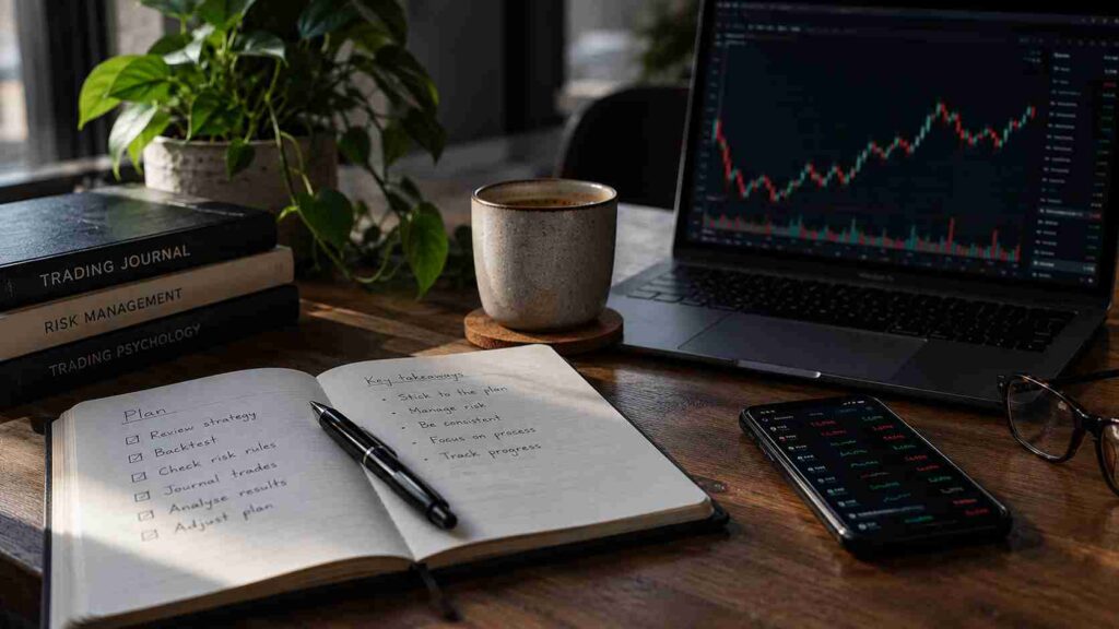 Static and trailing drawdown analysis with trading charts, account calculations and handwritten trading notes.