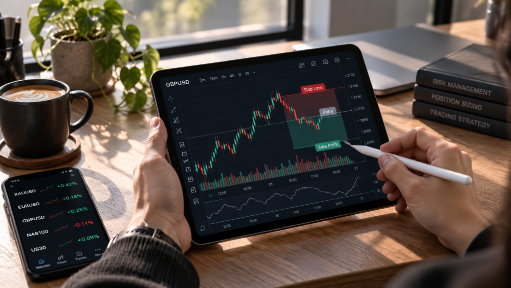 prop firm position sizing calculation showing risk amount, stop-loss distance and trade size