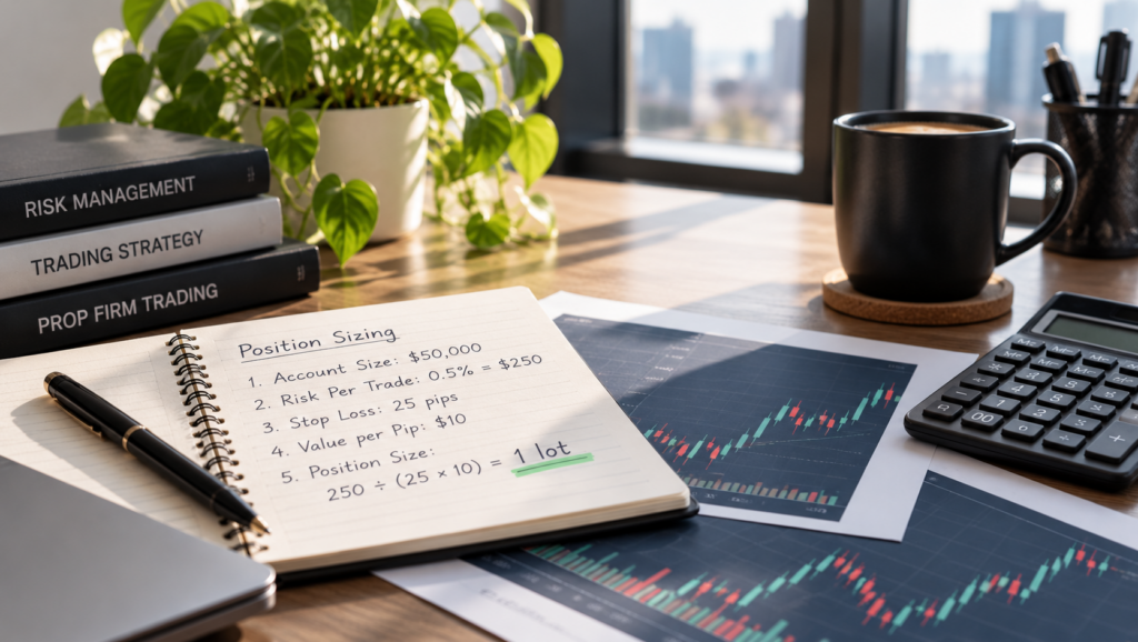 prop firm position sizing risk management with trading charts and a position-size worksheet