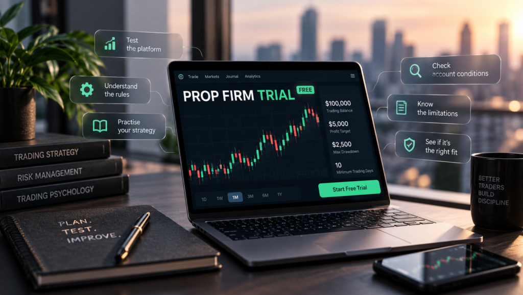 free prop firm trials displayed on a trading platform with evaluation features