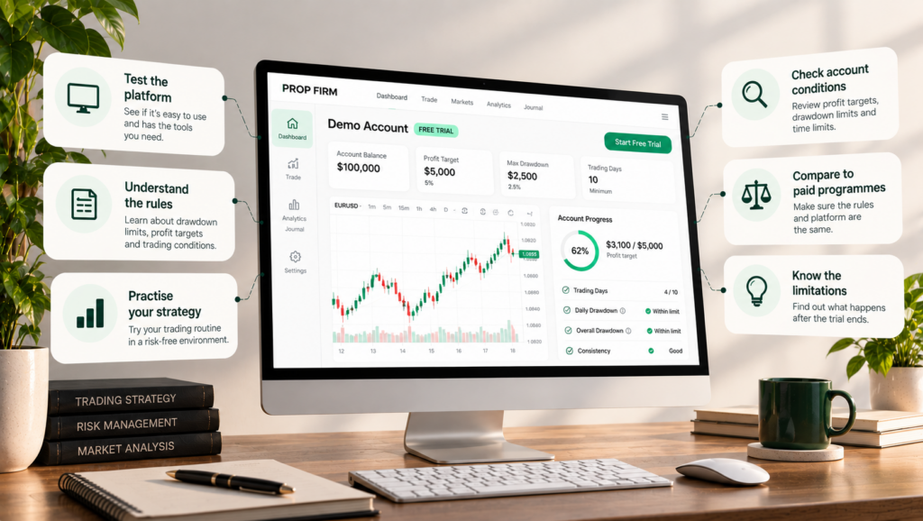 free prop firm trials vs paid challenges showing trading rules, drawdown limits and potential funding