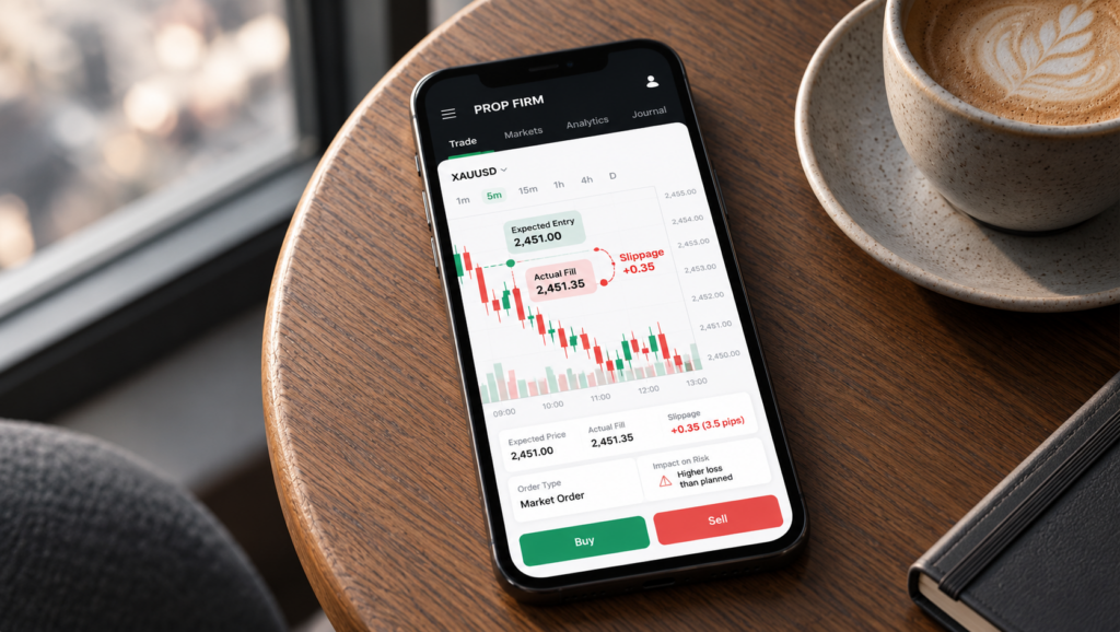 Prop firm slippage affecting trade execution and entry prices on a trading platform.