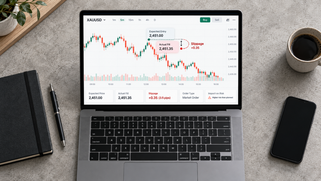 Trader reviewing stock market charts on a laptop to understand slippage, execution prices and risk management in prop firm trading.