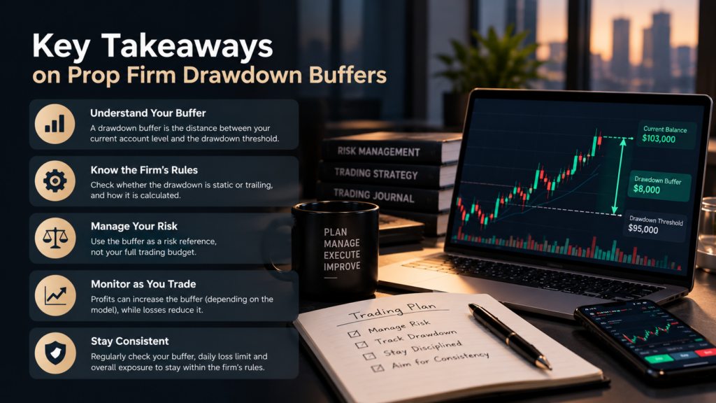 Prop firm drawdown buffer showing the difference between current account balance and the drawdown threshold