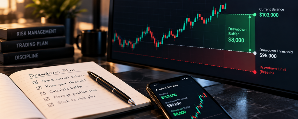 Prop firm drawdown buffer risk management with trading charts and a checklist for monitoring available risk