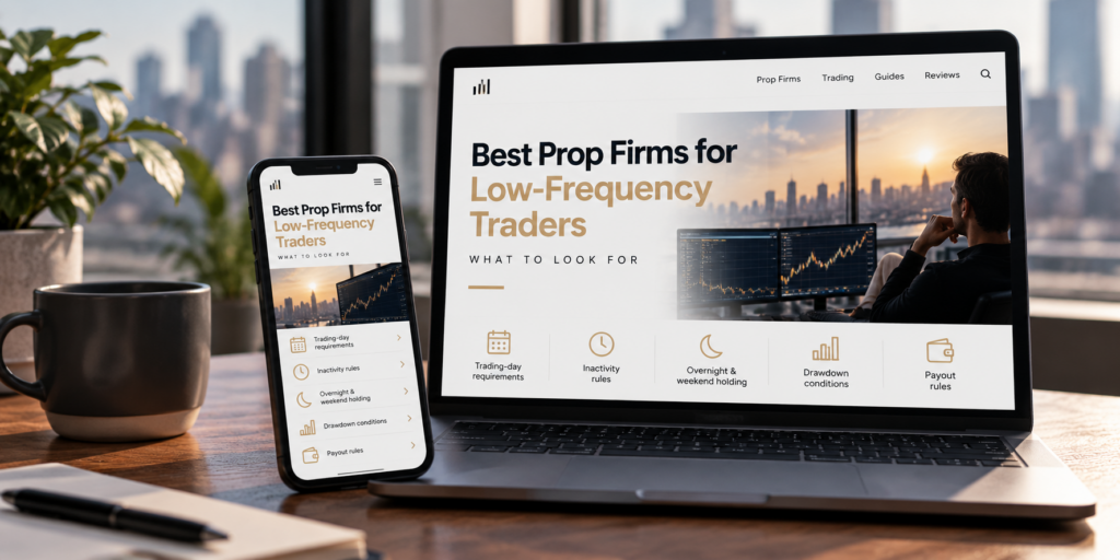 Low-frequency prop firm trading setup with market charts and a trading plan
