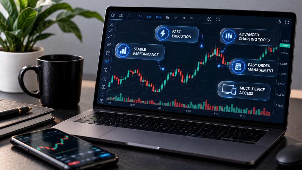 Prop firm platform reliability shown through a trading platform displaying live market charts on a laptop.