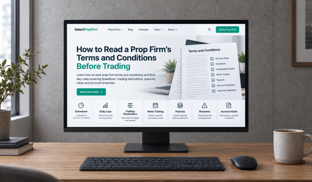 Trader reviewing prop firm terms and conditions, highlighting account rules, news trading restrictions and breach consequences.